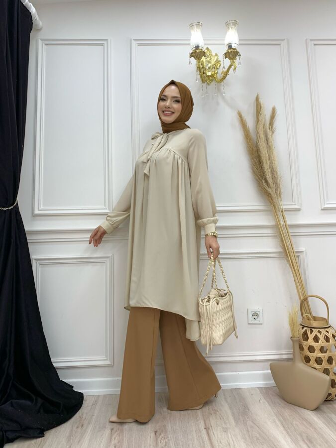 Chiffon-Tunika mit Kragendetail, taillierten Ärmeln und Manschetten 2454 Stone - 7