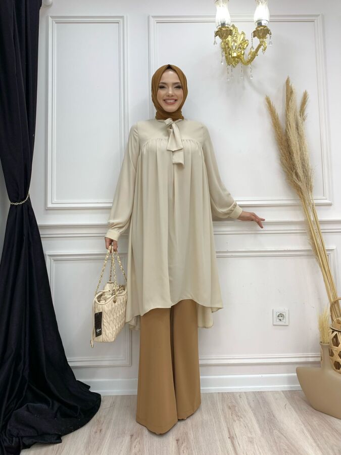 Collar Detail Tailed Sleeve Cuff Chiffon Tunic 2454 Stone - 6