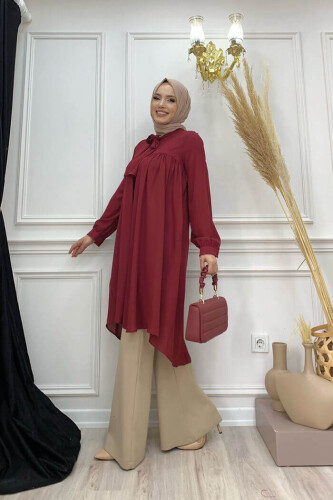 Yaka Detay Kuyruklu Kol Manşetli Şifon Tunik 2454 Bordo - 7