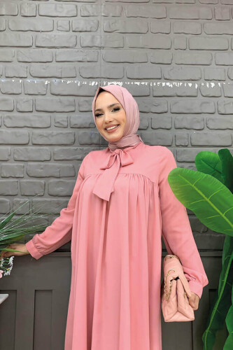 Yaka Detay Kuyruklu Kol Manşetli Şifon Tunik 2454 Pudra - 8