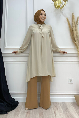 Yaka Detay Kuyruklu Kol Manşetli Şifon Tunik 2454 Taş - bym fashion