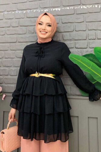 Eteği Kat Detaylı Bel Kemer Şifon Tunik 2496 Siyah 