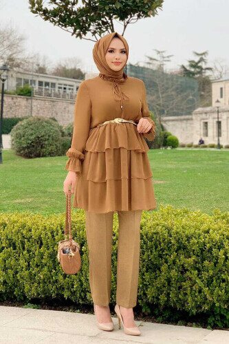 Eteği Kat Detaylı Bel Kemer Şifon Tunik 2496 Taba 