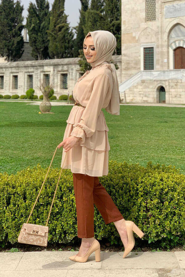 Eteği Kat Detaylı Bel Kemer Şifon Tunik 2496 Taş - 2