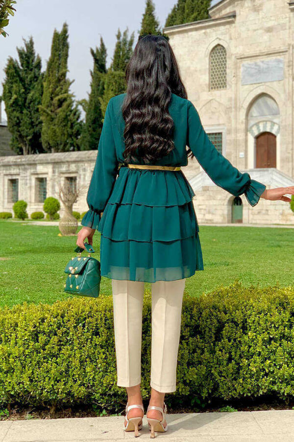Eteği Kat Detaylı Bel Kemer Şifon Tunik 2496 Zümrüt - 2
