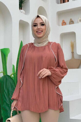 Piliseli Fırfırlı Şerit Detaylı Bisiklet Yaka Bluz 2627 Gül Kurusu - bym fashion