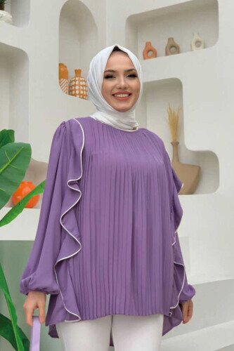 Piliseli Fırfırlı Şerit Detaylı Bisiklet Yaka Bluz 2627 Lila - bym fashion