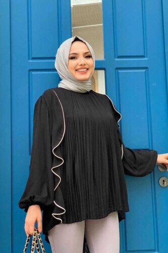 Piliseli Fırfırlı Şerit Detaylı Bisiklet Yaka Bluz 2627 Siyah - bym fashion