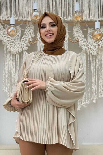 Piliseli Fırfırlı Şerit Detaylı Bisiklet Yaka Bluz 2627 Taş - bym fashion