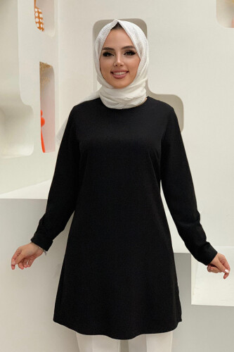 Crew Neck Long Tunic 2649 Black With Sleeve Cuffs Buttons - 2