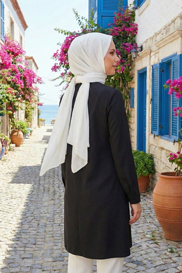 Crew Neck Long Tunic 2649 Black With Sleeve Cuffs Buttons - 2