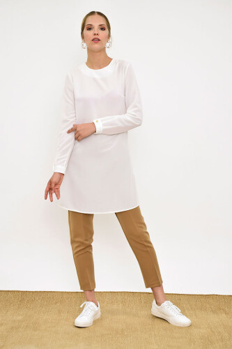 Crew Neck Long Tunic 2649 Ecru with Buttoned Sleeve Cuffs - 5