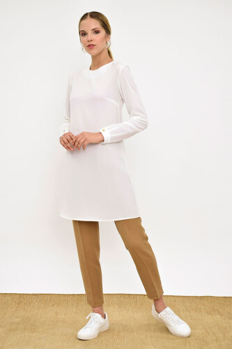 Crew Neck Long Tunic 2649 Ecru with Buttoned Sleeve Cuffs - 6