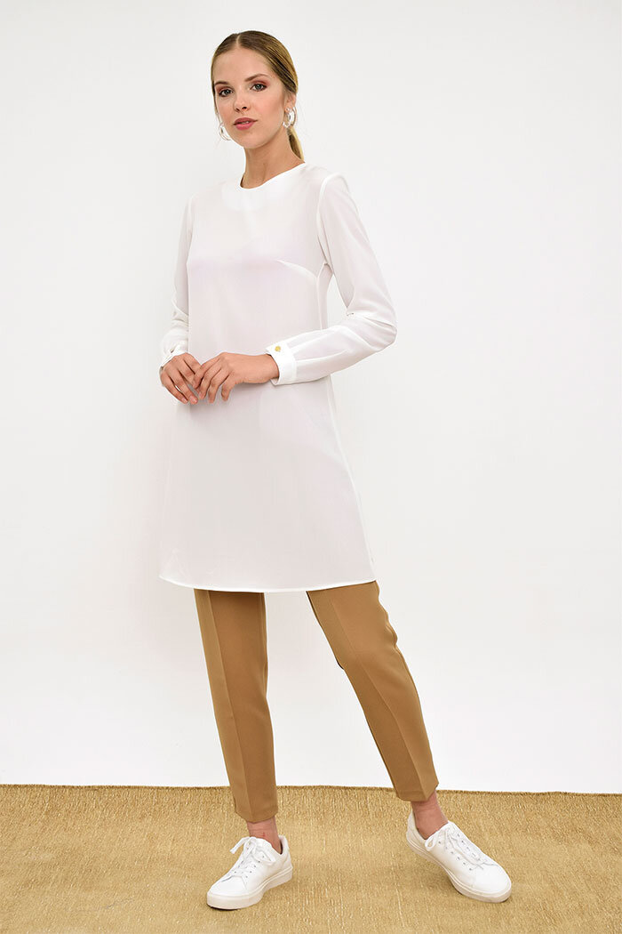 Crew Neck Long Tunic 2649 Ecru with Buttoned Sleeve Cuffs - 6