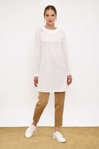 Crew Neck Long Tunic 2649 Ecru with Buttoned Sleeve Cuffs - 7