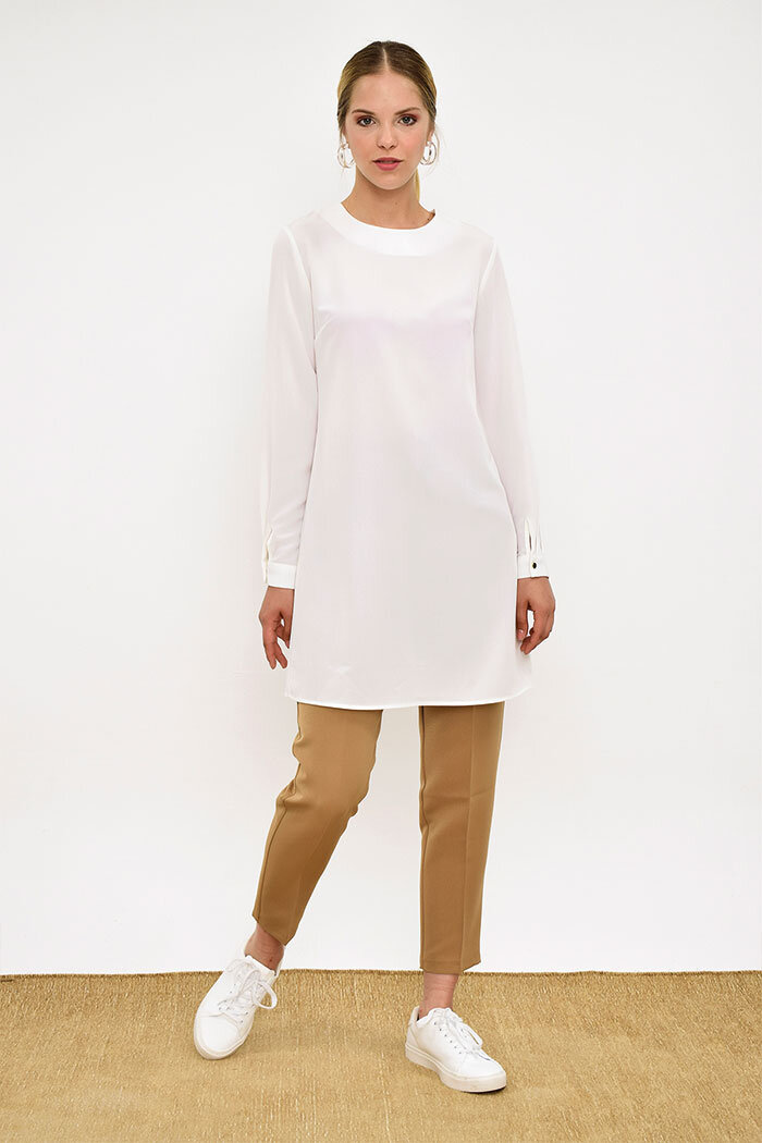 Crew Neck Long Tunic 2649 Ecru with Buttoned Sleeve Cuffs - 7