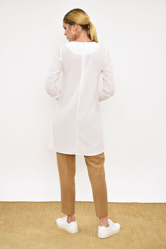 Crew Neck Long Tunic 2649 Ecru with Buttoned Sleeve Cuffs - 8