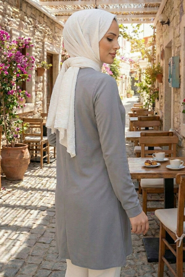 تونيك طويل برقبة دائرية 2649 لون رمادي مع أزرار أكمام الأكمام - 2
