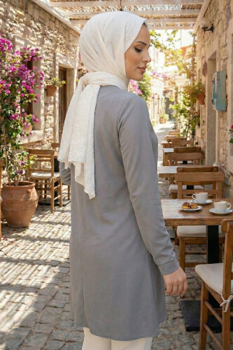 Crew Neck Long Tunic 2649 Gray With Sleeve Cuffs Buttons - 2