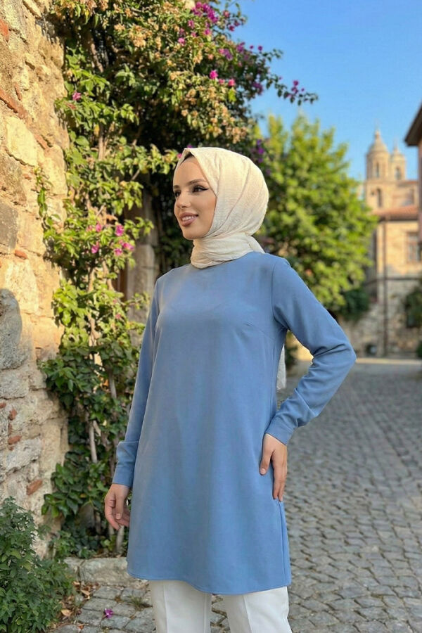 تونيك طويل بياقة مستديرة وأصفاد وأصفاد 2649 لون نيلي - 1