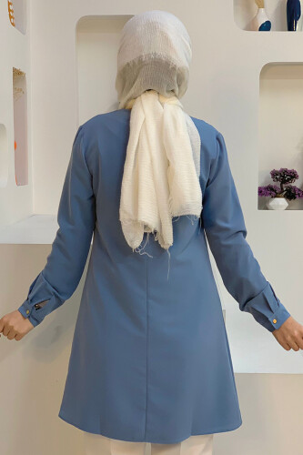 Sleeve Cuffs Buttoned Crew Neck Long Tunic 2649 Indigo - 4