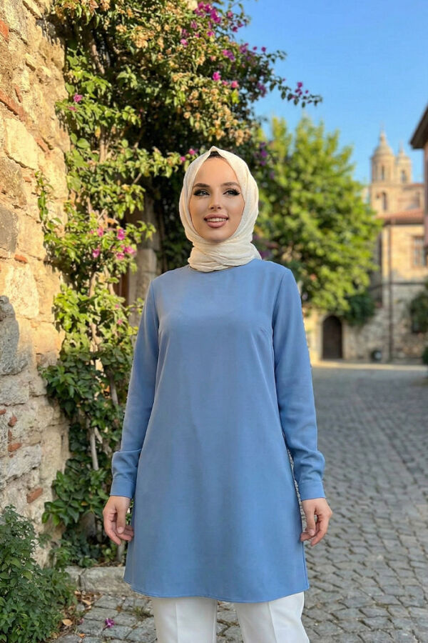 Sleeve Cuffs Buttoned Crew Neck Long Tunic 2649 Indigo - 2