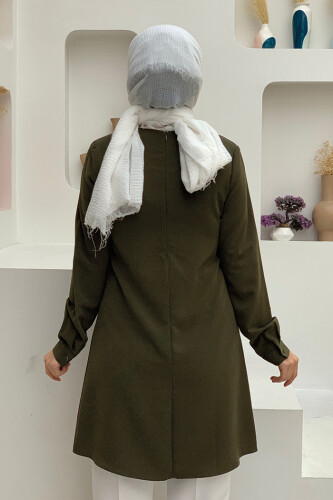 Lange Tunika mit Rundhalsausschnitt, 2649 Khaki, mit Knöpfen an den Ärmelbündchen - 4