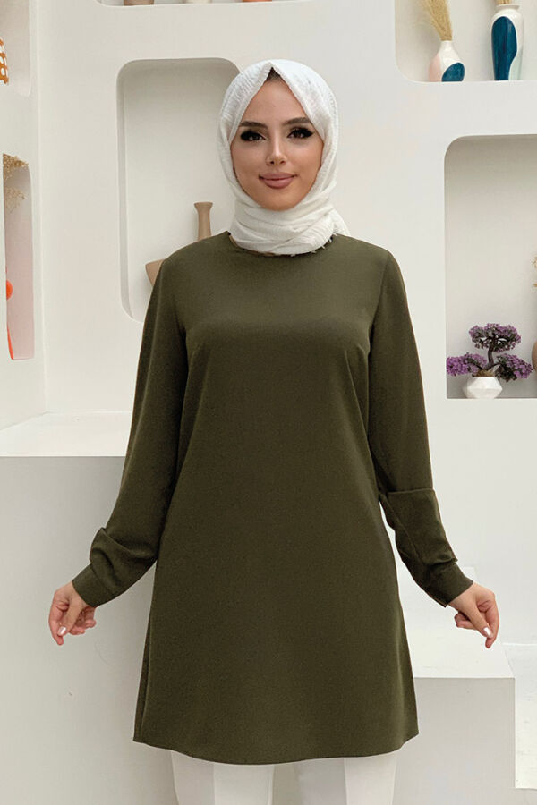 Crew Neck Long Tunic 2649 Khaki With Sleeve Cuffs Buttons - 2