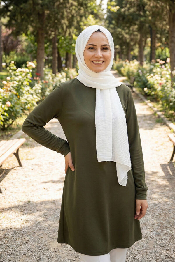 Crew Neck Long Tunic 2649 Khaki With Sleeve Cuffs Buttons - 1