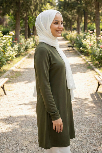 Crew Neck Long Tunic 2649 Khaki With Sleeve Cuffs Buttons - 2