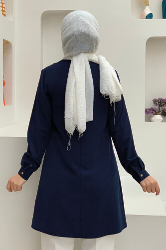 Lange Tunika mit Rundhalsausschnitt, 2649, Marineblau, mit Knöpfen an den Ärmelbündchen - 4