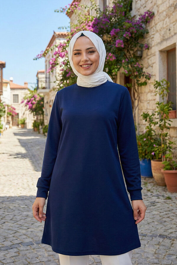 Длинная Туника с Круглым Вырезом 2649 Темно-Синий С Пуговицами На Рукавах - 1