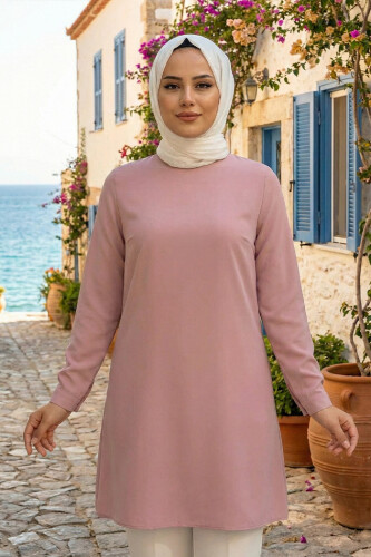 Round Neck Long Tunic With Buttons On Sleeve Cuffs 2649 Powder
