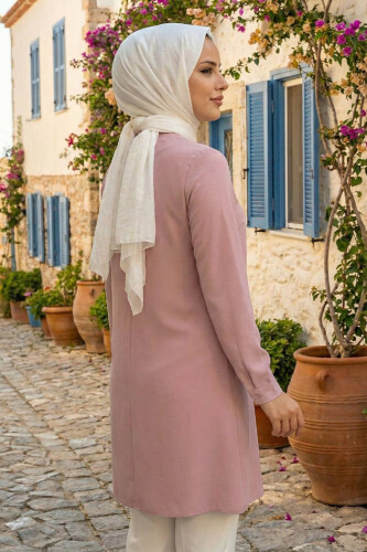 Round Neck Long Tunic With Buttons On Sleeve Cuffs 2649 Powder - 2