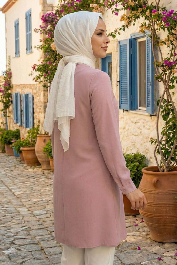 Round Neck Long Tunic With Buttons On Sleeve Cuffs 2649 Powder - 2