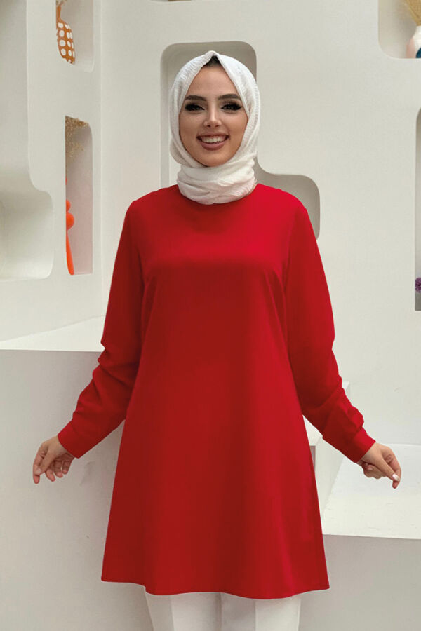 Crew Neck Long Tunic 2649 Red With Buttoned Sleeve Cuffs - 2