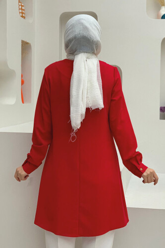 Crew Neck Long Tunic 2649 Red With Buttoned Sleeve Cuffs - 4