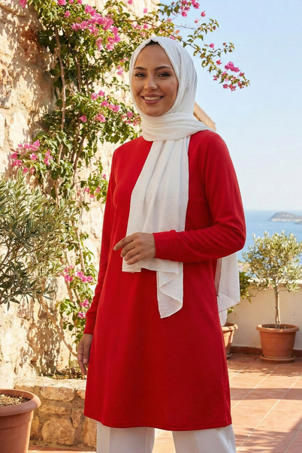 Crew Neck Long Tunic 2649 Red With Buttoned Sleeve Cuffs - 2