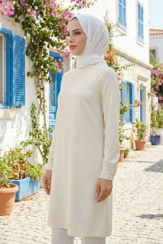 Crew Neck Long Tunic with Buttons on Sleeve Cuffs 2649 Stone - 2