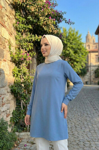 Kol Manşetleri Düğmeli Bisiklet Yaka Uzun Tunik 2649 İndigo 