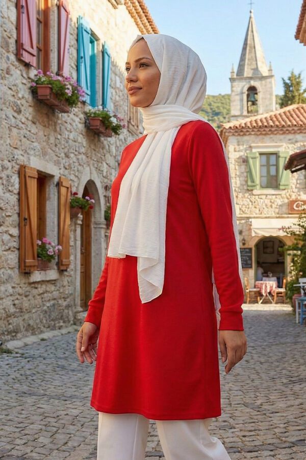 Kol Manşetleri Düğmeli Bisiklet Yaka Uzun Tunik 2649 Kırmızı - 1