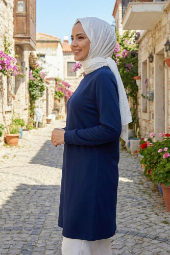 Kol Manşetleri Düğmeli Bisiklet Yaka Uzun Tunik 2649 Lacivert - 2