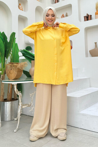 Boydan Düğmeli Cep Detaylı Gömlek 2688 Sarı - bym fashion