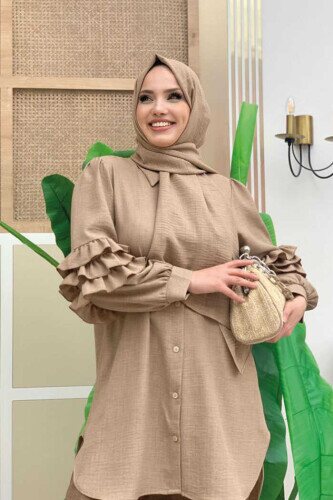 Sleeve Frill Detail Button Down Tunic 2713 Mink - Bym Fashion