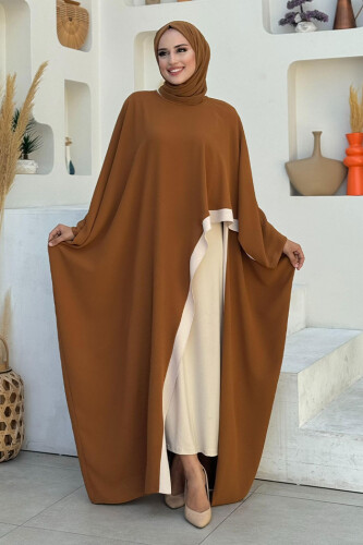 Şeritli Yandan Yırtmaç Detay Uzun Tunik 2742 Taba - Bym Fashion