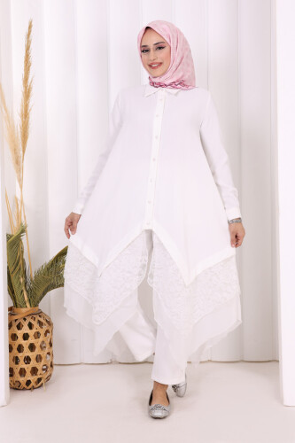 Dantel Ve Şifon Detaylı Asimetrik Kesim Tunik 2758 Ekru - Bym Fashion