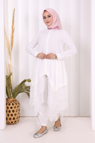 Dantel Ve Şifon Detaylı Asimetrik Kesim Tunik 2758 Ekru - 2