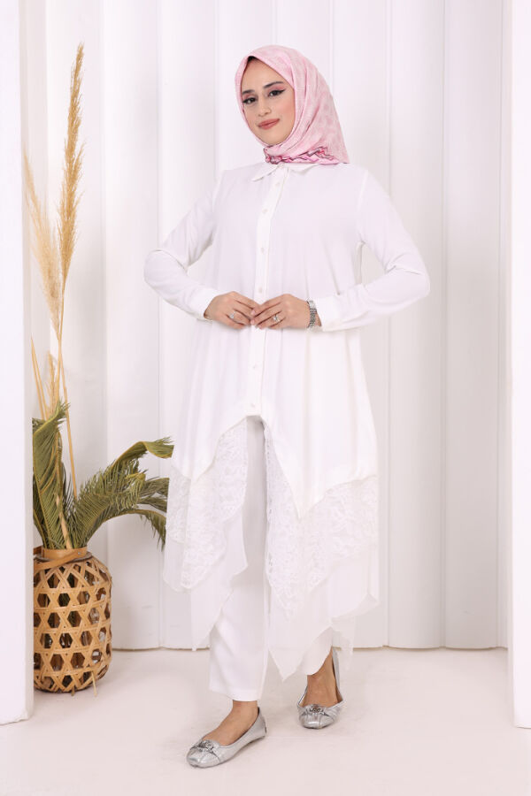 Dantel Ve Şifon Detaylı Asimetrik Kesim Tunik 2758 Ekru - 2