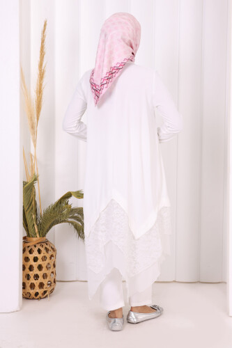 Dantel Ve Şifon Detaylı Asimetrik Kesim Tunik 2758 Ekru - 4