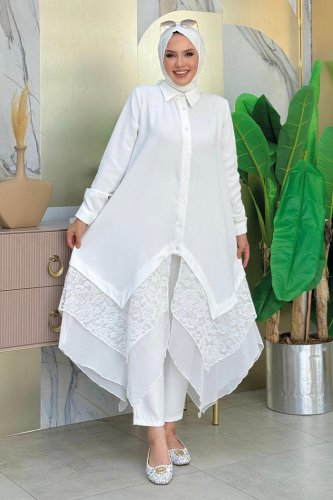 Dantel Ve Şifon Detaylı Asimetrik Kesim Tunik 2758 Ekru - bym fashion